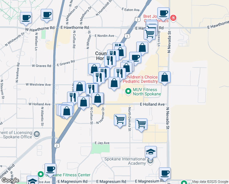 map of restaurants, bars, coffee shops, grocery stores, and more near 9520 North Newport Highway in Spokane
