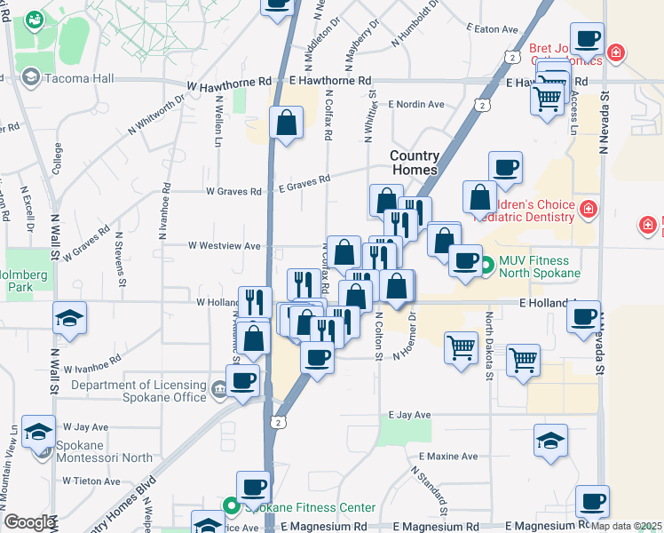 map of restaurants, bars, coffee shops, grocery stores, and more near 9626 North Colfax Road in Spokane
