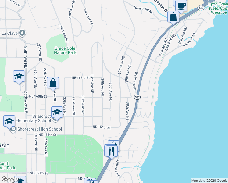 map of restaurants, bars, coffee shops, grocery stores, and more near 16015 37th Avenue Northeast in Lake Forest Park