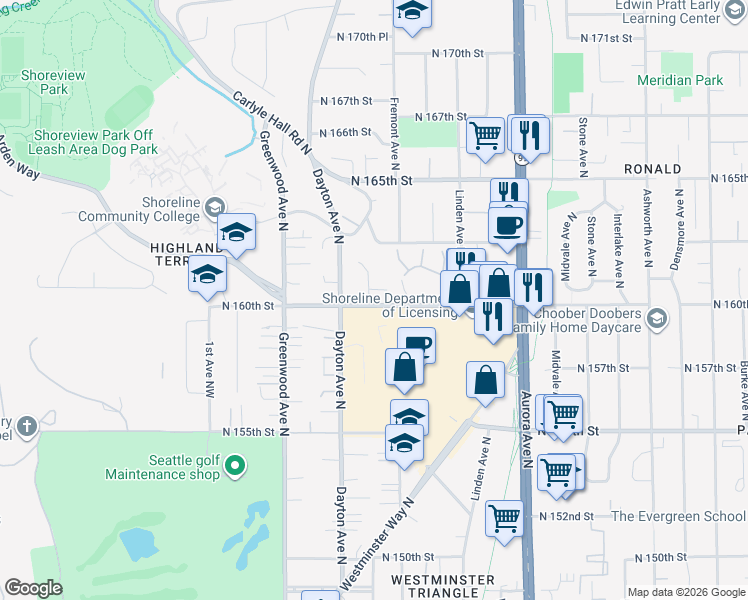 map of restaurants, bars, coffee shops, grocery stores, and more near 16007 Evanston Avenue North in Shoreline