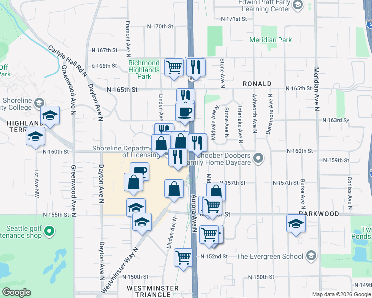 map of restaurants, bars, coffee shops, grocery stores, and more near in Shoreline