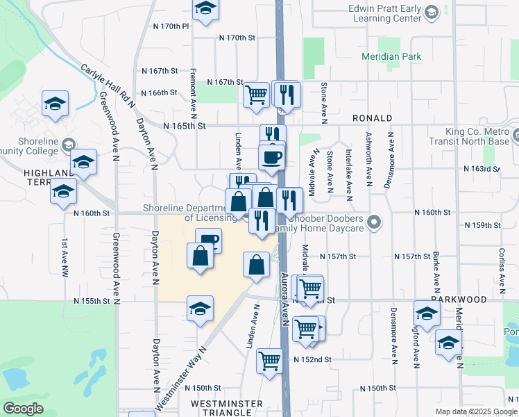 map of restaurants, bars, coffee shops, grocery stores, and more near 918 North 160th Street in Seattle
