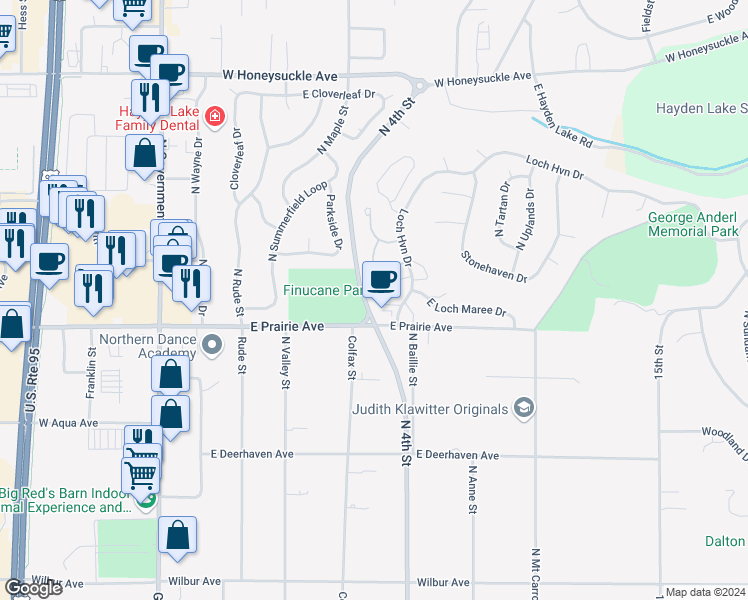 map of restaurants, bars, coffee shops, grocery stores, and more near 705 Shiloh Loop in Hayden