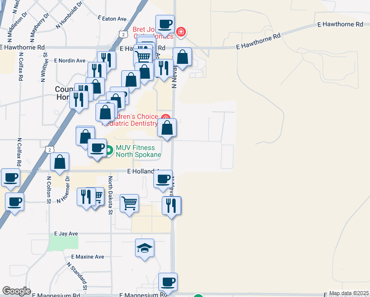 map of restaurants, bars, coffee shops, grocery stores, and more near 1110 East Westview Court in Spokane