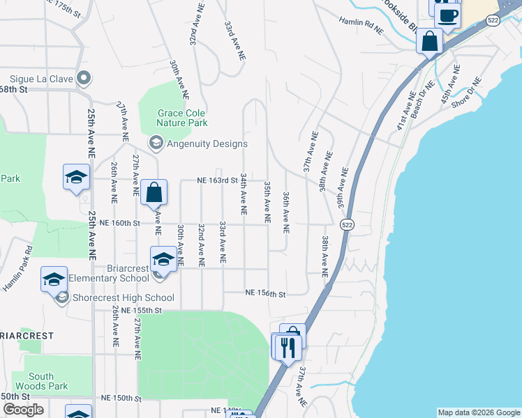 map of restaurants, bars, coffee shops, grocery stores, and more near 16023 35th Avenue Northeast in Lake Forest Park