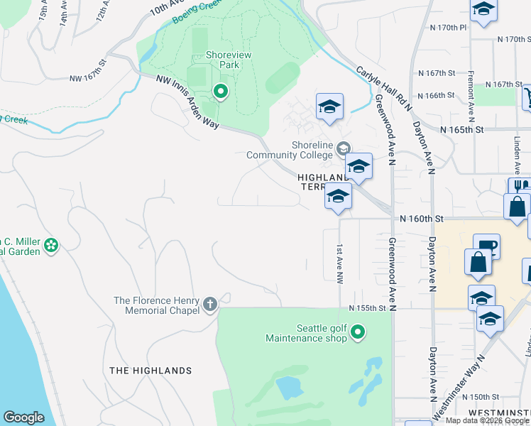 map of restaurants, bars, coffee shops, grocery stores, and more near 439 Northwest 162nd Street in Shoreline
