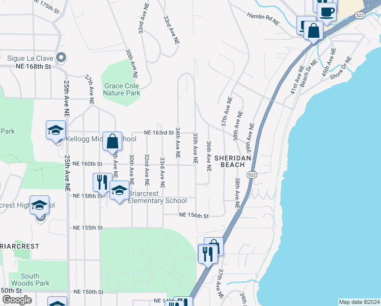 map of restaurants, bars, coffee shops, grocery stores, and more near 16023 35th Avenue Northeast in Lake Forest Park