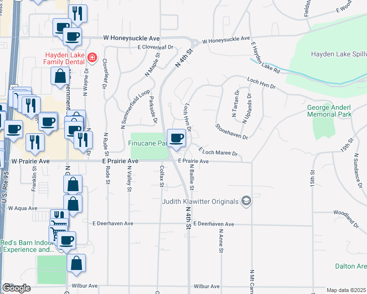 map of restaurants, bars, coffee shops, grocery stores, and more near 17 Shiloh Loop in Hayden