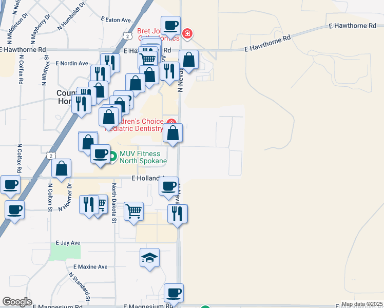 map of restaurants, bars, coffee shops, grocery stores, and more near 1110 East Holland Avenue in Spokane