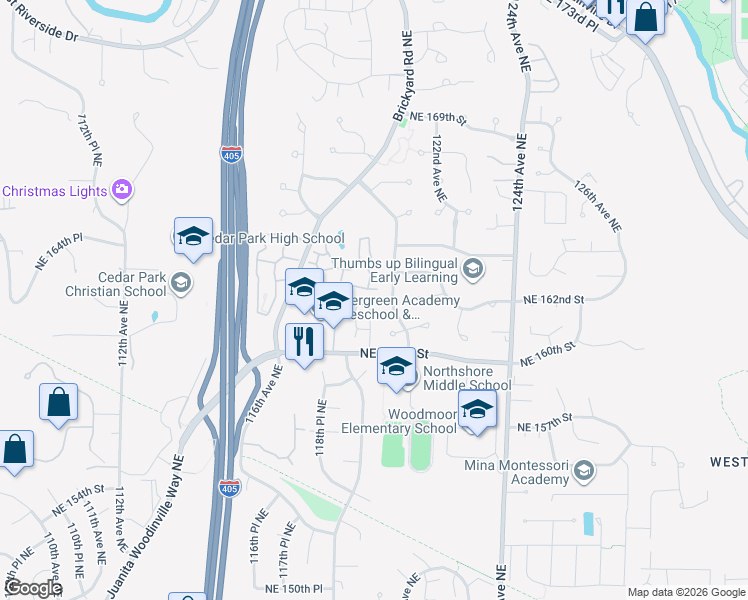 map of restaurants, bars, coffee shops, grocery stores, and more near 16139 120th Avenue Northeast in Bothell
