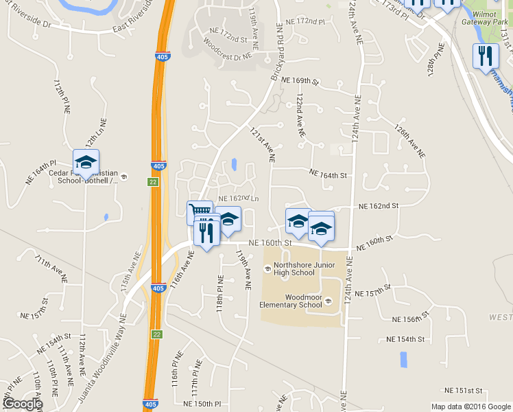 map of restaurants, bars, coffee shops, grocery stores, and more near 16139 120th Avenue Northeast in Bothell