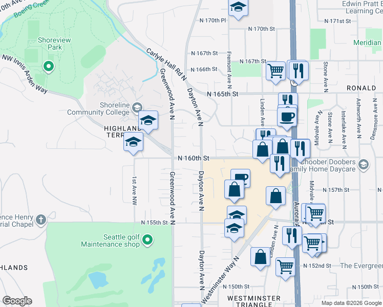 map of restaurants, bars, coffee shops, grocery stores, and more near 15755 Dayton Avenue North in Shoreline