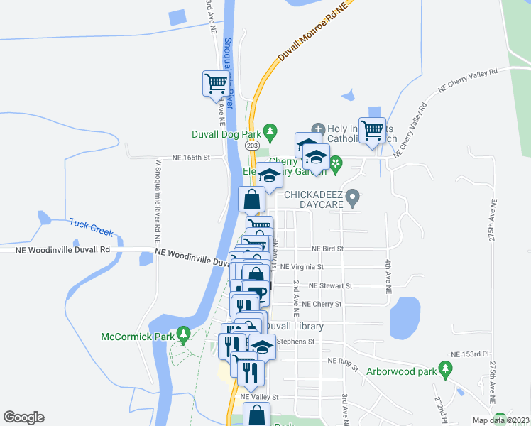 map of restaurants, bars, coffee shops, grocery stores, and more near 16109 1st Avenue Northeast in Duvall