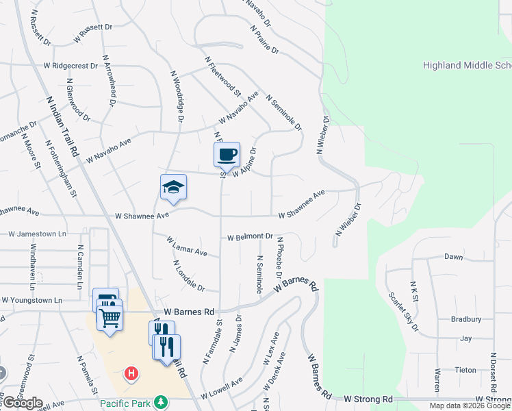 map of restaurants, bars, coffee shops, grocery stores, and more near 9616 North Sylvia Court in Spokane