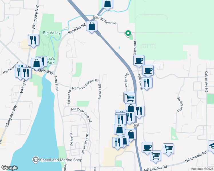 map of restaurants, bars, coffee shops, grocery stores, and more near 20097 Vikings Crest Northeast in Poulsbo