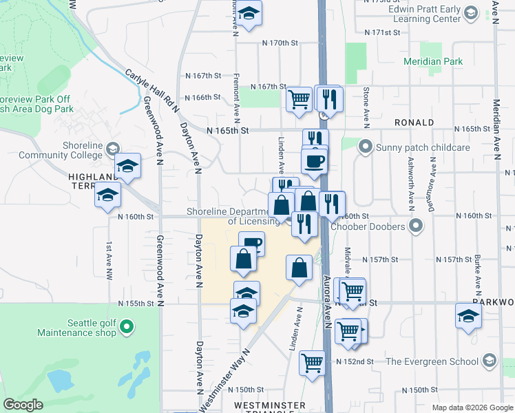map of restaurants, bars, coffee shops, grocery stores, and more near 710 North 160th Street in Shoreline
