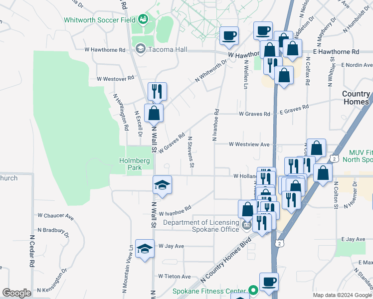 map of restaurants, bars, coffee shops, grocery stores, and more near 9622 North Stevens Street in Spokane
