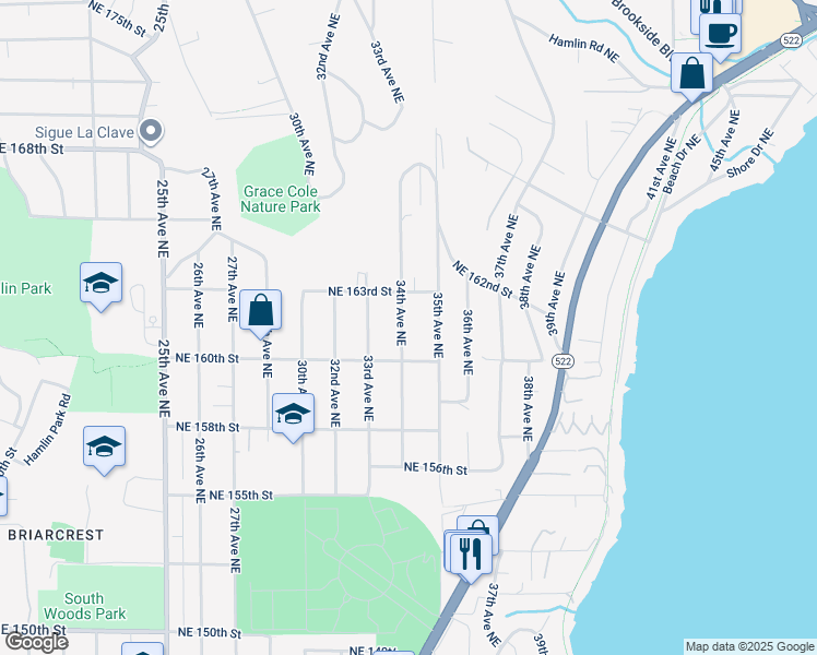 map of restaurants, bars, coffee shops, grocery stores, and more near 3420 Northeast 160th Street in Lake Forest Park