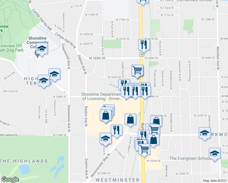 map of restaurants, bars, coffee shops, grocery stores, and more near 823 North 161st Place in Shoreline