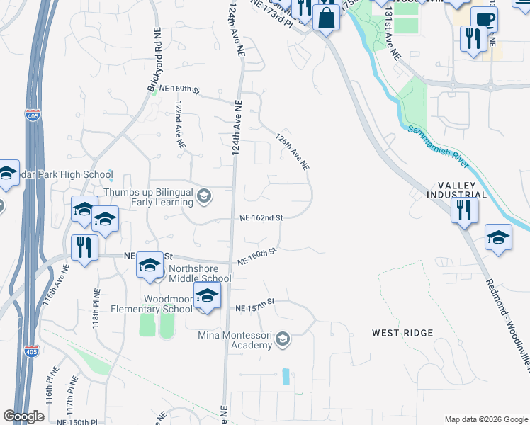 map of restaurants, bars, coffee shops, grocery stores, and more near 12433 Northeast 162nd Street in Woodinville