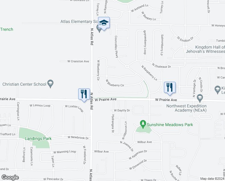 map of restaurants, bars, coffee shops, grocery stores, and more near 2629 West Blueberry Circle in Hayden