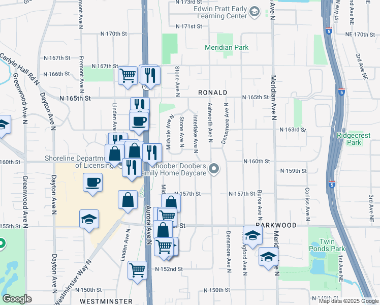 map of restaurants, bars, coffee shops, grocery stores, and more near 1315 North 160th Street in Shoreline