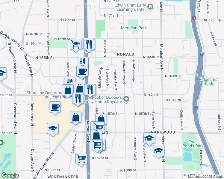 map of restaurants, bars, coffee shops, grocery stores, and more near 1315 North 160th Street in Shoreline