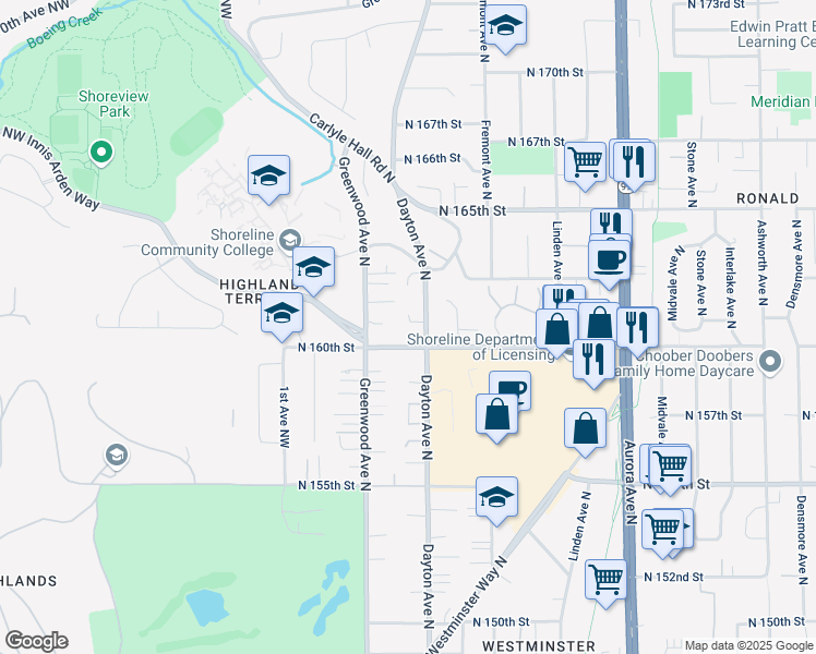 map of restaurants, bars, coffee shops, grocery stores, and more near 15755 Dayton Avenue North in Shoreline