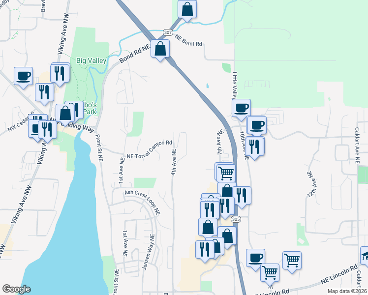 map of restaurants, bars, coffee shops, grocery stores, and more near 20097 Vikings Crest Northeast in Poulsbo