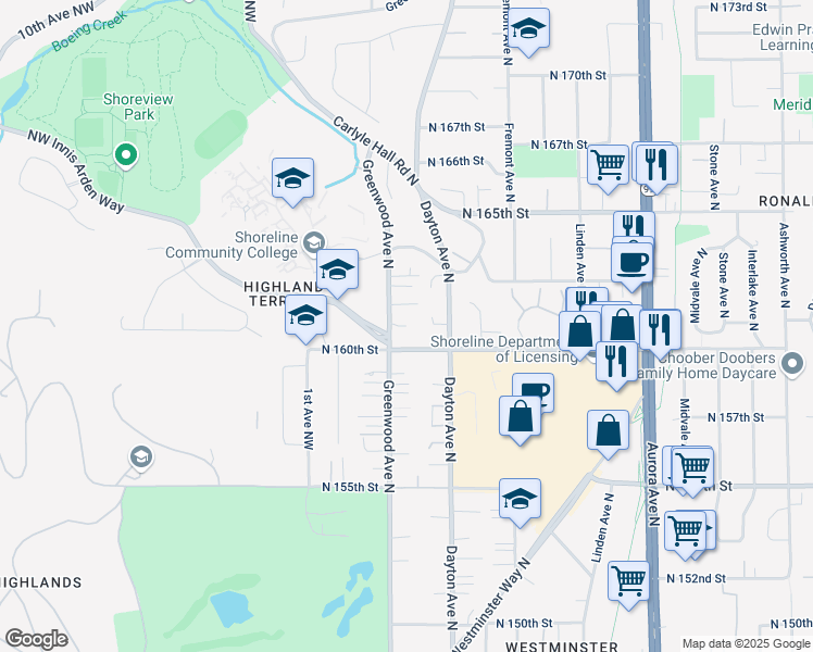map of restaurants, bars, coffee shops, grocery stores, and more near 311 North 160th Place in Shoreline
