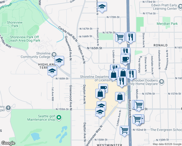 map of restaurants, bars, coffee shops, grocery stores, and more near 16007 Evanston Avenue North in Shoreline