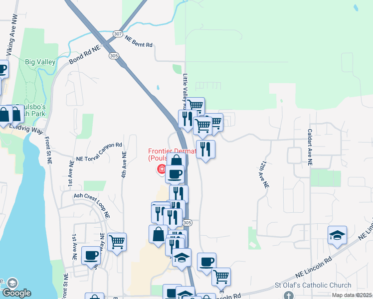 map of restaurants, bars, coffee shops, grocery stores, and more near State Highway 305 Northeast in Poulsbo