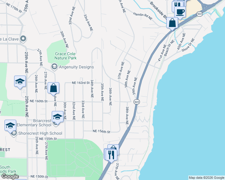 map of restaurants, bars, coffee shops, grocery stores, and more near 16040 36th Avenue Northeast in Lake Forest Park