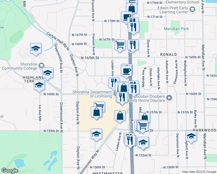 map of restaurants, bars, coffee shops, grocery stores, and more near 824 North 161st Place in Shoreline