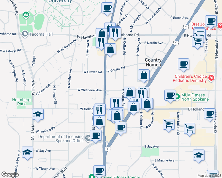 map of restaurants, bars, coffee shops, grocery stores, and more near in Spokane