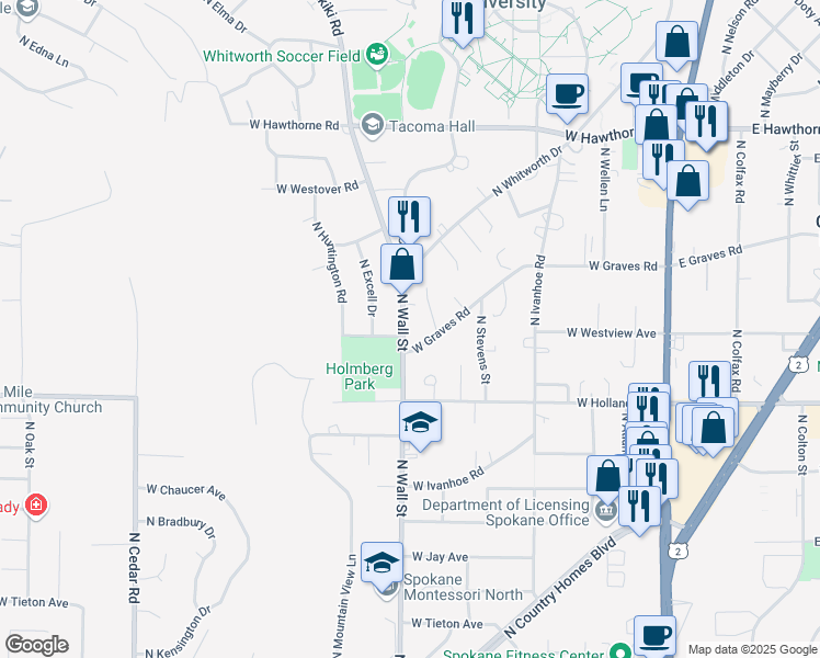 map of restaurants, bars, coffee shops, grocery stores, and more near 9726 North Wall Street in Spokane