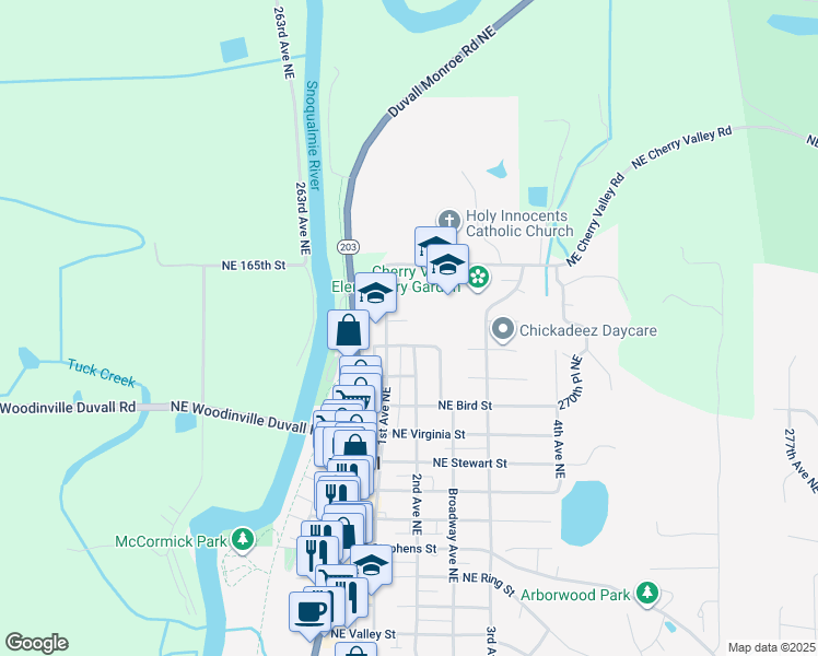 map of restaurants, bars, coffee shops, grocery stores, and more near 315 Northeast Cherry Valley Road in Duvall