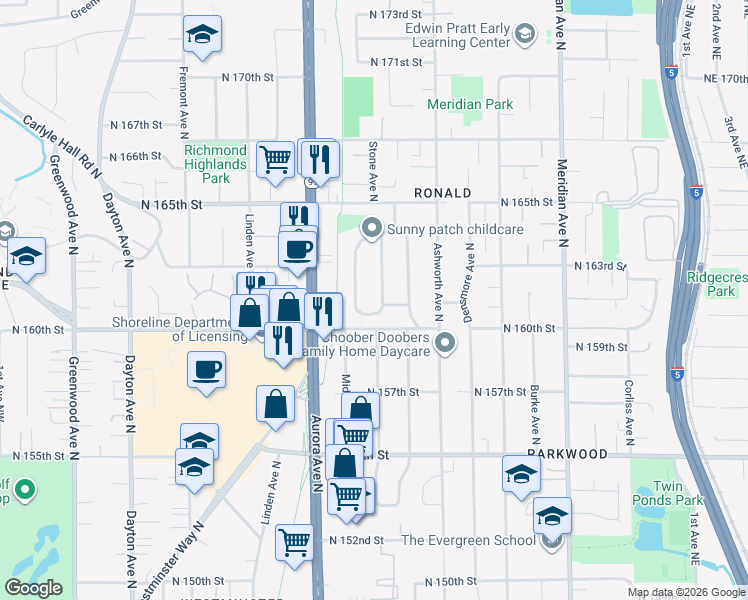 map of restaurants, bars, coffee shops, grocery stores, and more near 16129 Stone Avenue North in Shoreline