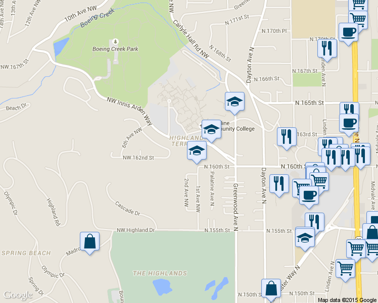 map of restaurants, bars, coffee shops, grocery stores, and more near 100 North 160th Street in Shoreline