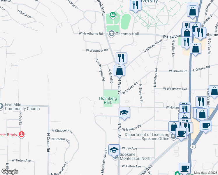 map of restaurants, bars, coffee shops, grocery stores, and more near 9818 North Excell Drive in Spokane