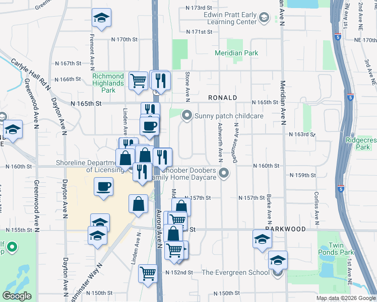 map of restaurants, bars, coffee shops, grocery stores, and more near 16129 Stone Avenue North in Shoreline