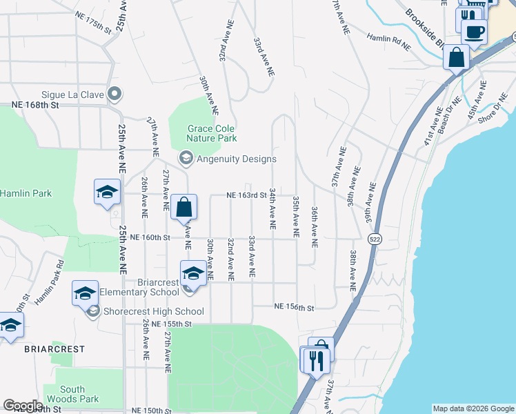 map of restaurants, bars, coffee shops, grocery stores, and more near 16044 33rd Avenue Northeast in Lake Forest Park