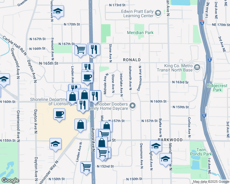 map of restaurants, bars, coffee shops, grocery stores, and more near 16053 Interlake Avenue North in Shoreline