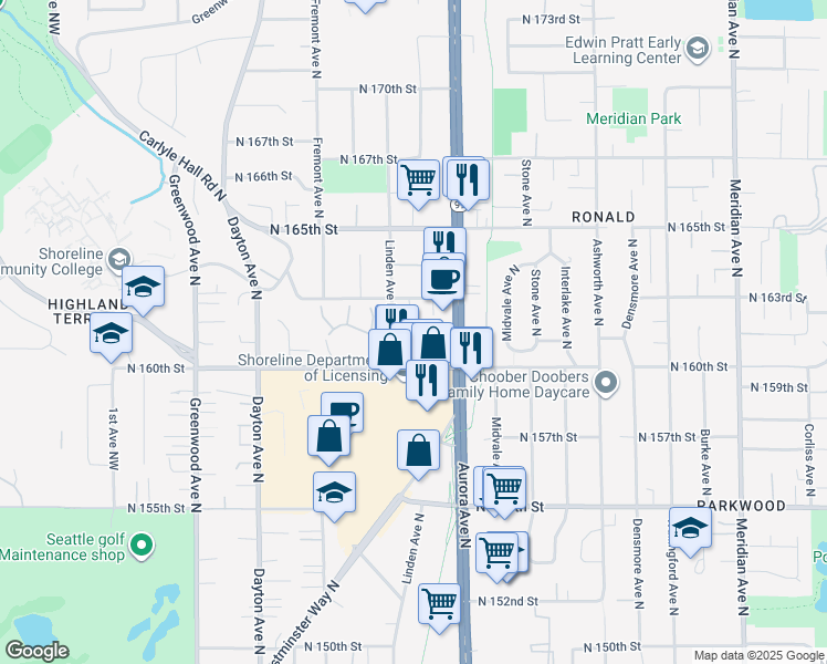 map of restaurants, bars, coffee shops, grocery stores, and more near 16100 Linden Avenue North in Shoreline
