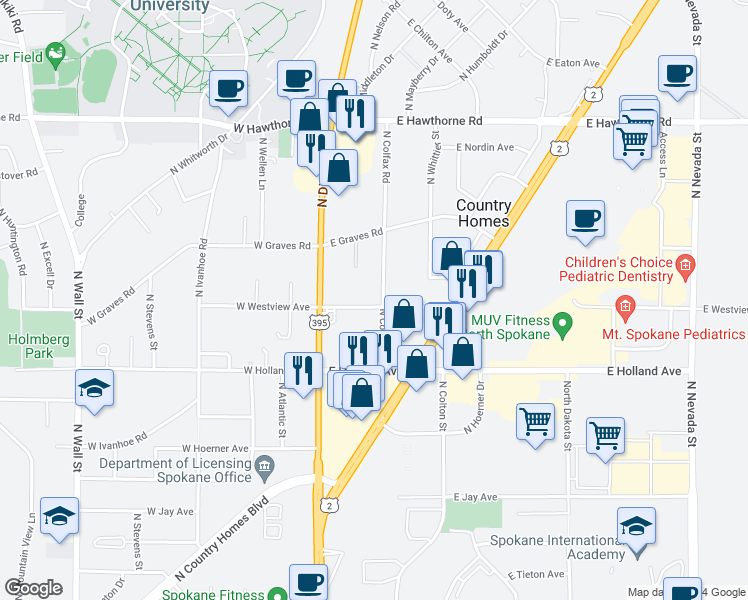 map of restaurants, bars, coffee shops, grocery stores, and more near 29 East Westview Avenue in Spokane