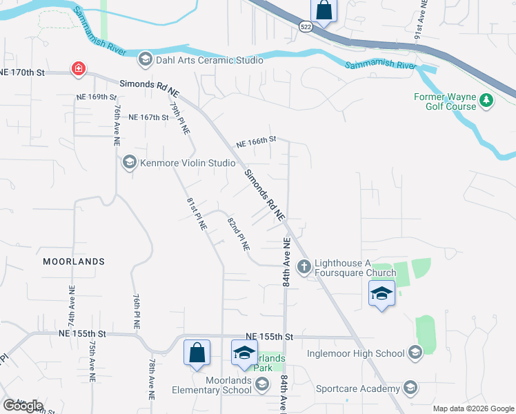 map of restaurants, bars, coffee shops, grocery stores, and more near 16311 Simonds Road Northeast in Kenmore