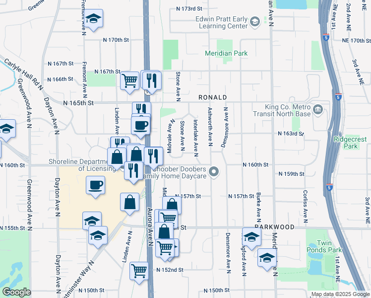 map of restaurants, bars, coffee shops, grocery stores, and more near 16053 Interlake Avenue North in Shoreline