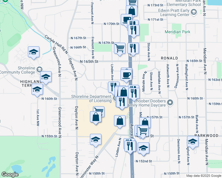 map of restaurants, bars, coffee shops, grocery stores, and more near 824 North 161st Place in Shoreline