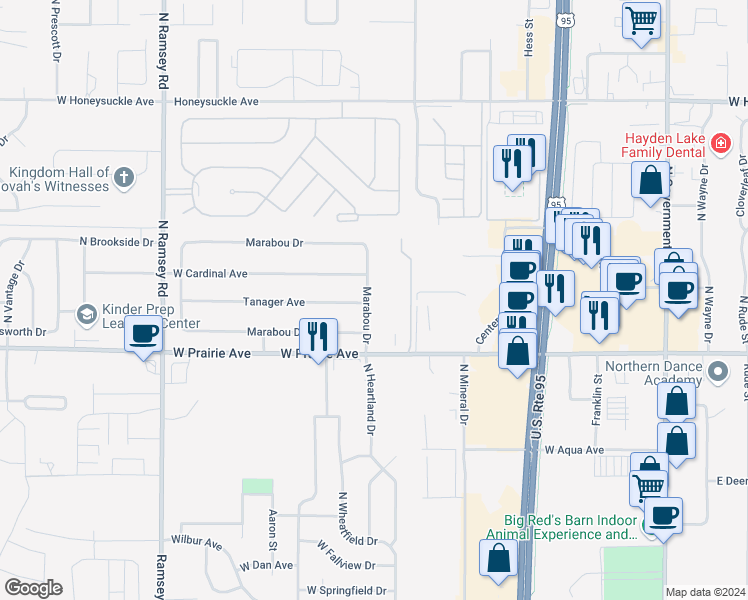 map of restaurants, bars, coffee shops, grocery stores, and more near 8172 North Marabou Drive in Hayden