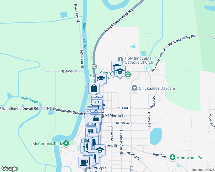 map of restaurants, bars, coffee shops, grocery stores, and more near Northeast Allen Court in Duvall